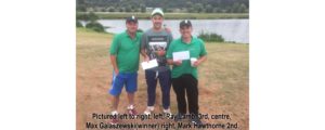 Pictured left to right, left, Ray Lamb, 3rd, centre, Max Galaszewski(winner) right, Mark Hawthorne 2nd at Larford Lakes